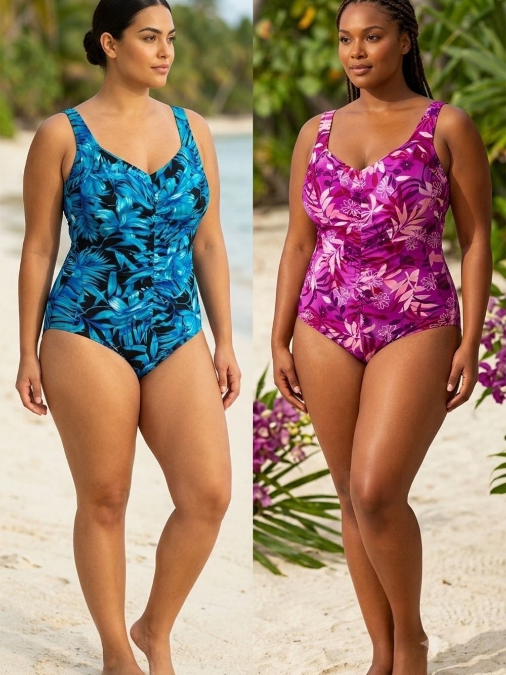 Plus Size Swimsuit Bundle Le Cove Blue Palm 16 Tall & Maxine of Hollywood Pink F